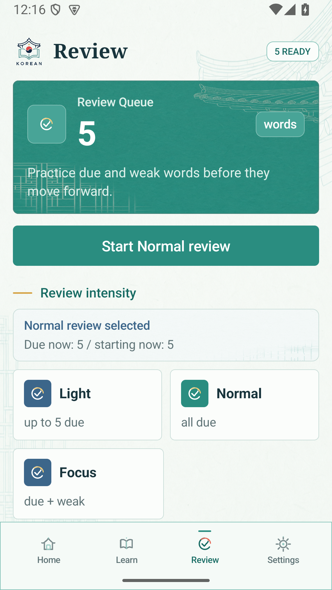 Review due and weak Korean words